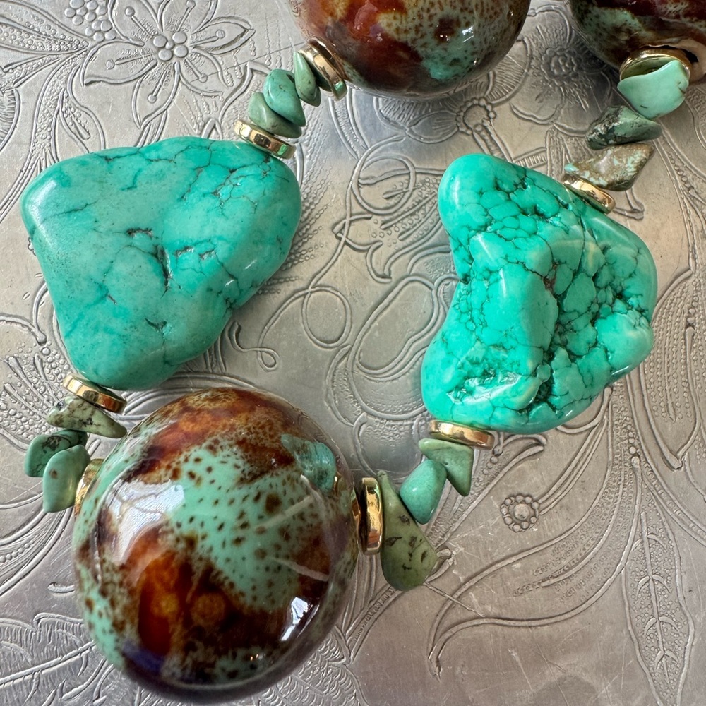 Handmade Turquoise Natural Stone and Ceramic Brown Beaded Necklace - Picture 3 of 7
